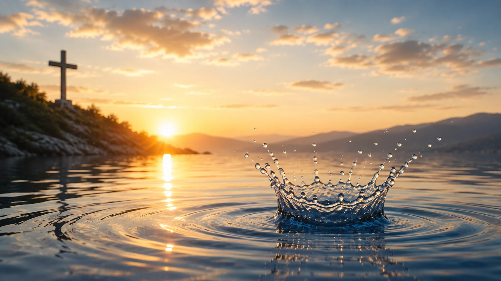 Ripples of water at sunset, with a cross on the shore in the distance