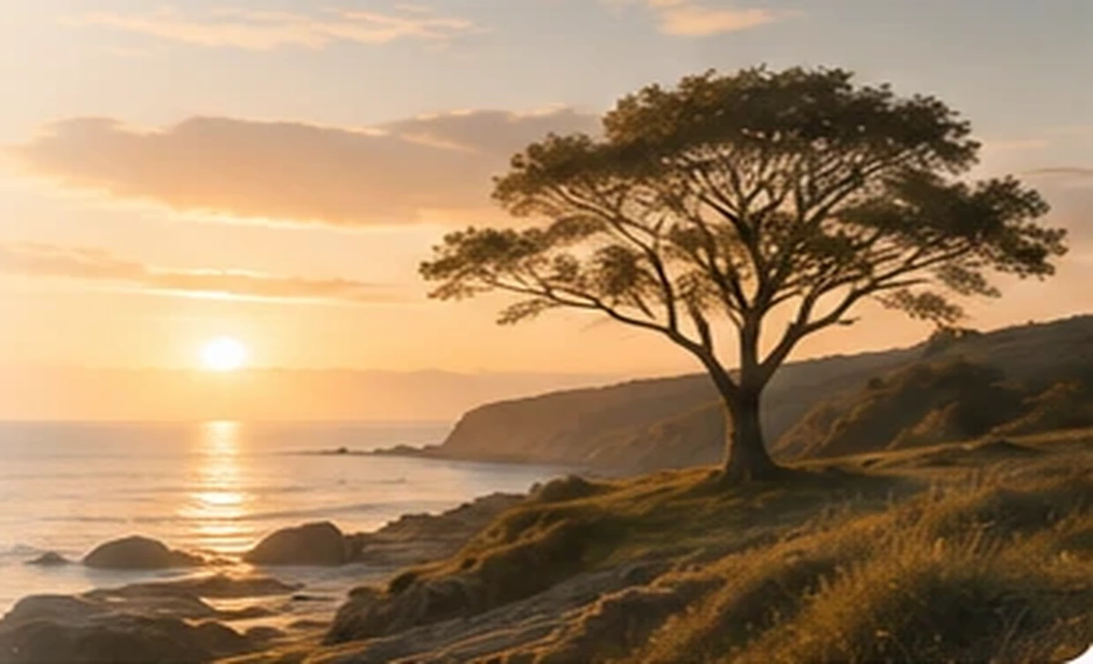 A quiet coastal landscape at sunrise, representing the Genesis 1–3 series