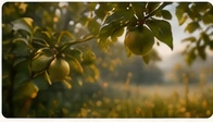 Pohon buah dalam cahaya pagi yang hangat